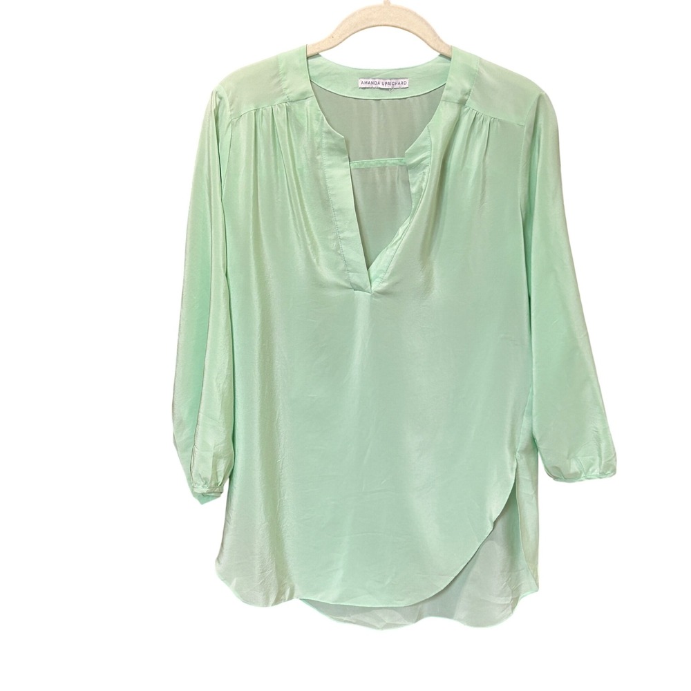Amanda Uprichard Silk Blouse Mint Green V-Neck 100% Silk Top